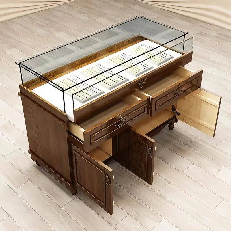 Retro Solid Wood Jewelry Display Cabinet Antique Jade Jade Glass Display Cabinet Jewelry Silver Jewelry Cultural Relics Nakajima
