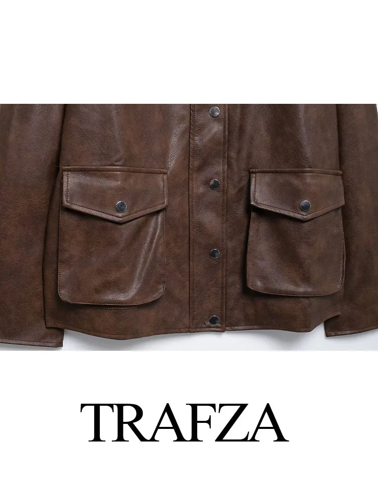 Trafza เสื้อแจ็กเก็ตผู้หญิง, เสื้อโค้ทสไตล์สตรีทกระดุมแถวเดียวแขนยาวคอปกเสื้อล้วนมีกระเป๋าแฟชั่นฤดูใบไม้ร่วง