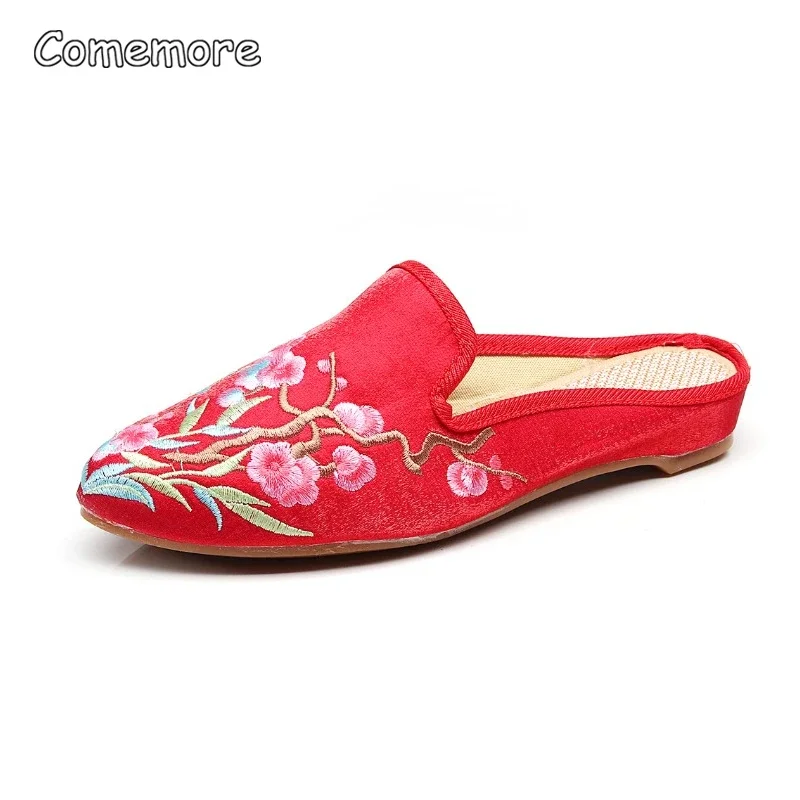 Fashion Women Silk Pointed Toe Mules Slippers Summer Autumn Ladies Slip on Flat Shoes Slides Chinese Embroidered Flat shoe 41