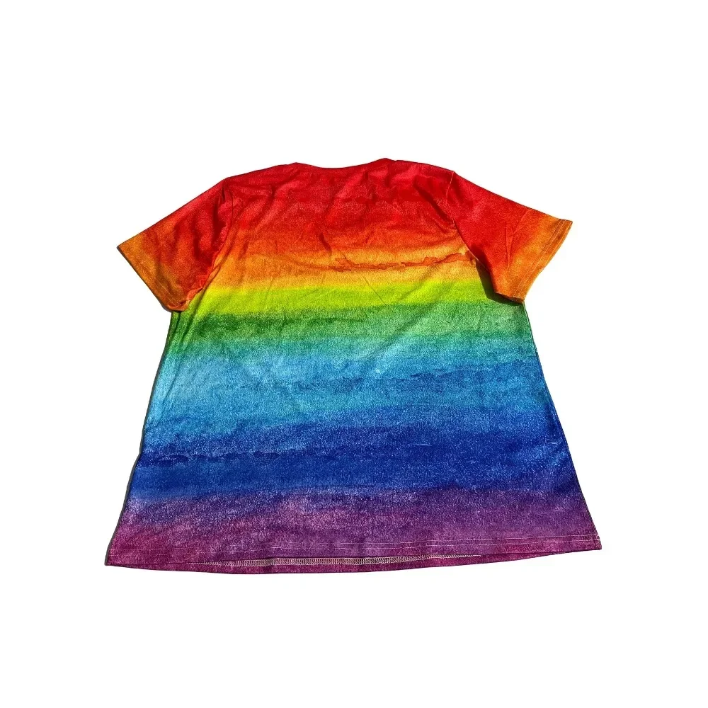 Plus Größe 1XL-5XL Neue frauen Hals T-Shirt Damen Casual Ombre Regenbogen Gradienten Druck Kurzarm T-shirt Tops