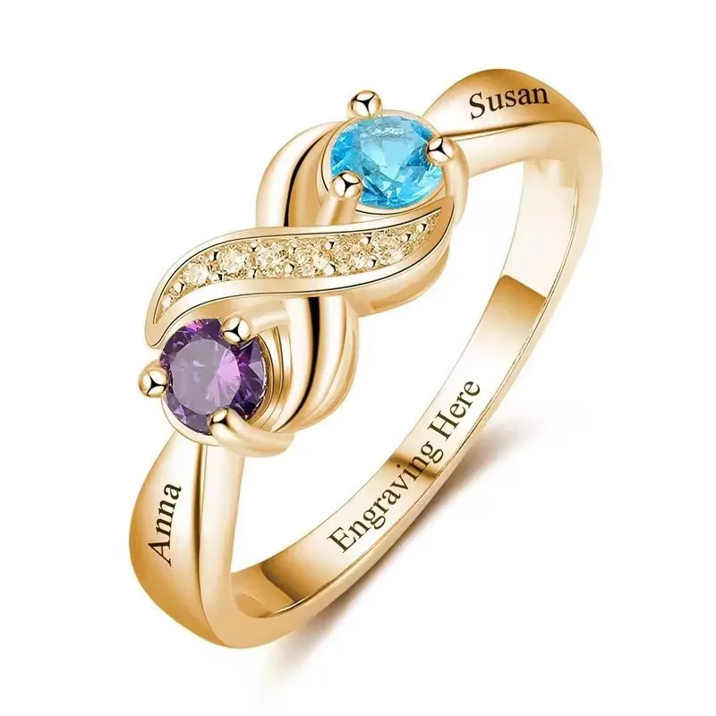 Personalisierter gravierter Namens-Infinity-Ring mit 2 Geburtssteinen, individueller Versprechensring für Frauen, Mütter und Familien – Schmuck – Detail 6