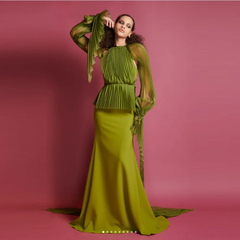 2 Pieces Olive Green Women Dress To Party Special Occasion Prom Maxi Gown Pleated Sleeves Women Dresses Top And Skirt Mermaid