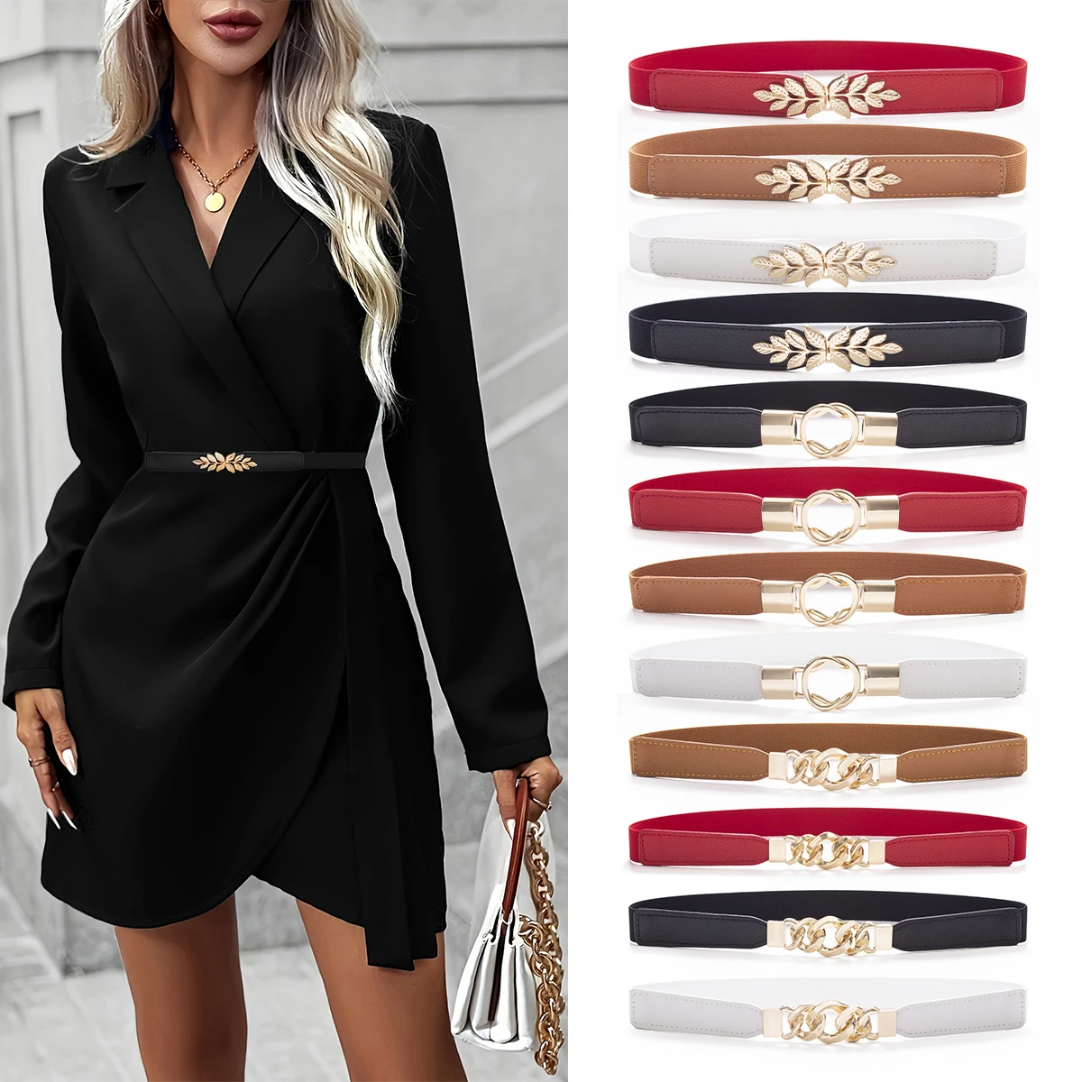 SISHION Summer Fashion Women Belts for Dress SH032 PU Leather Thin Elastic Waist Belt Slim Waistband Black Camel Coffee