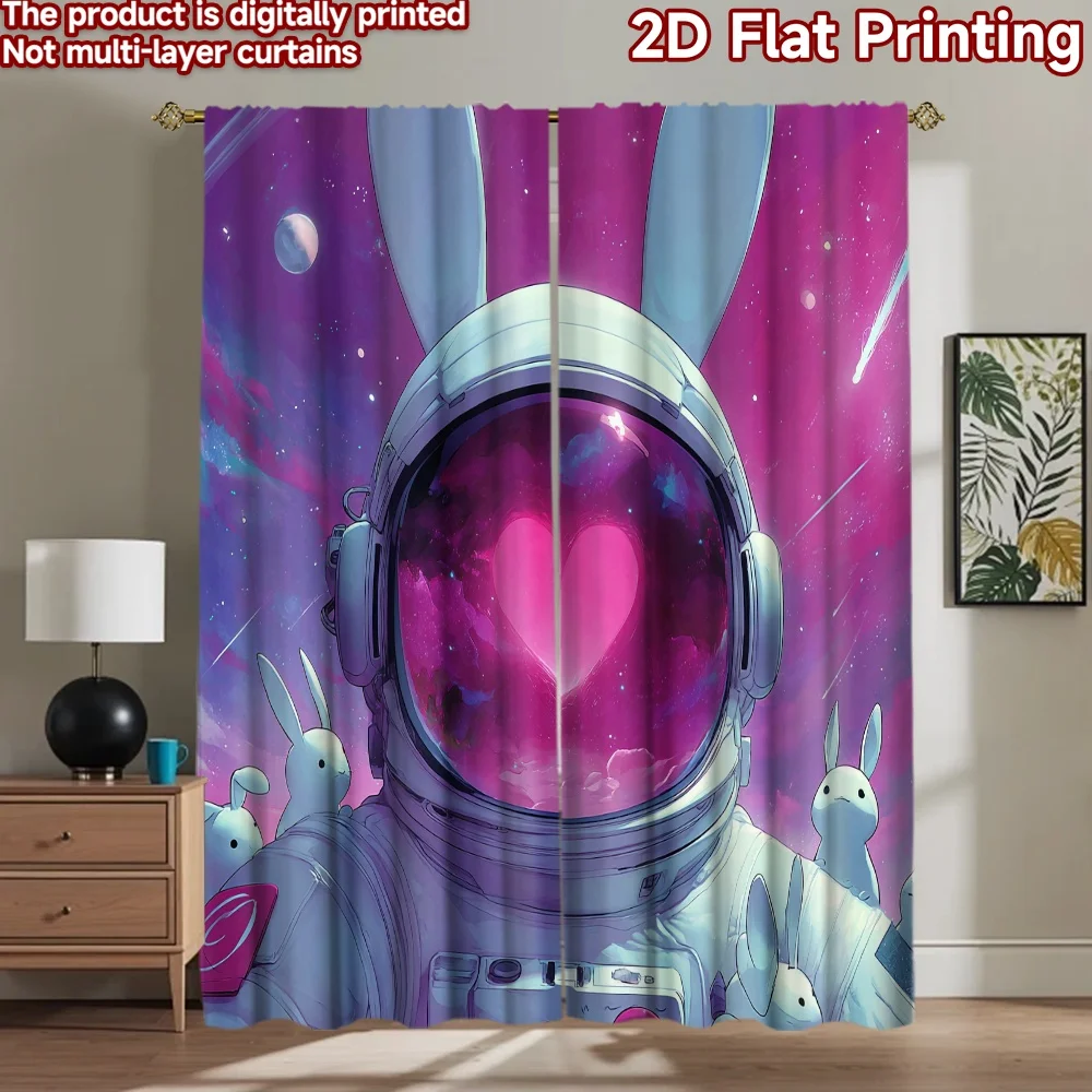 

2D flat printing 2pcs Curtain Cute Bunny Astronaut Space Heart Digital Printed Polyester Drapes Seasonal Party & Holiday Decor