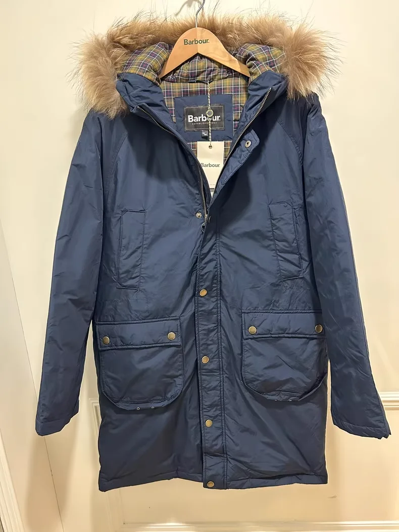 

Barbour long hooded down jacket in navy and army green