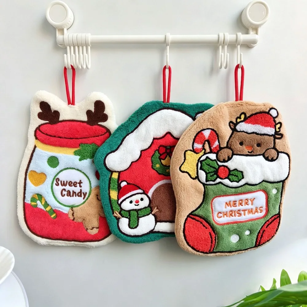 Christmas Decor Hanging Hand Towel House Snow Globe Design Soft Coral‑Fleece Absorbent Holiday Kitchen Towels Decor for Bathroom