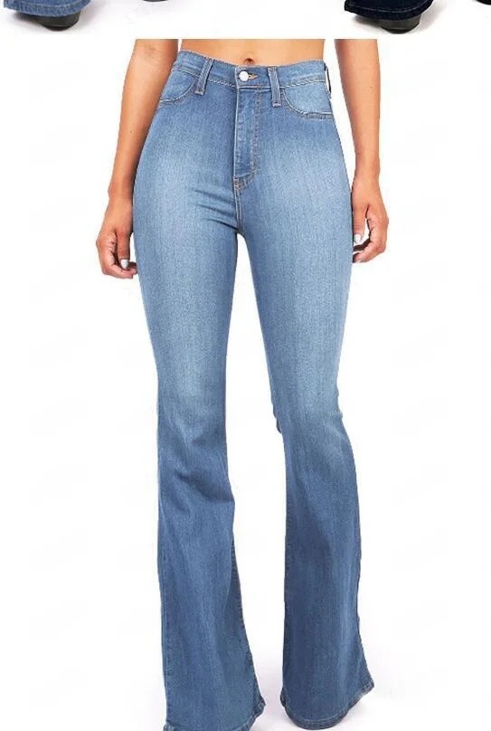 Celana Jeans Wanita High Waist Slim Fit Flare Panjang Bahan Denim Kasual Tahan Aus Kain Polyester Micro Flare
