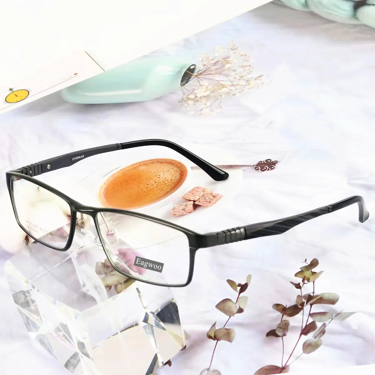 Eagwoo Aluminum Men Prescription Eyeglasses Full Rim Optical Frame Business Eye Glasses Light Spectacle Silicon Temple Wide Face