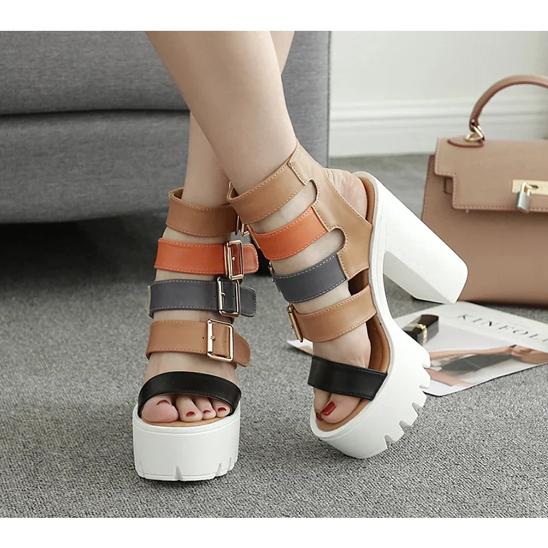 New Summer High Heel Sandals Women Hollow Out Thick Heel Colored Roman Fish Mouth Thick Sole Shoes Women\'s Shoes Sandales