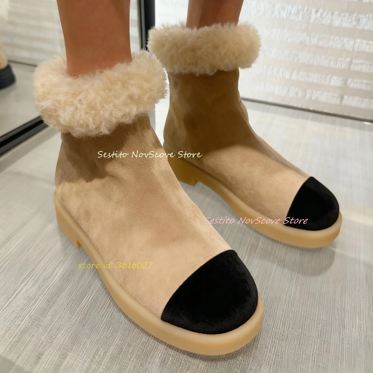 

Flat Suede Ankle Boots Mixed Color Rubber Sole Round Toe Short Winter Booties Ankle Lamb Wool Wrapped Slip On Sweet Women Shoes