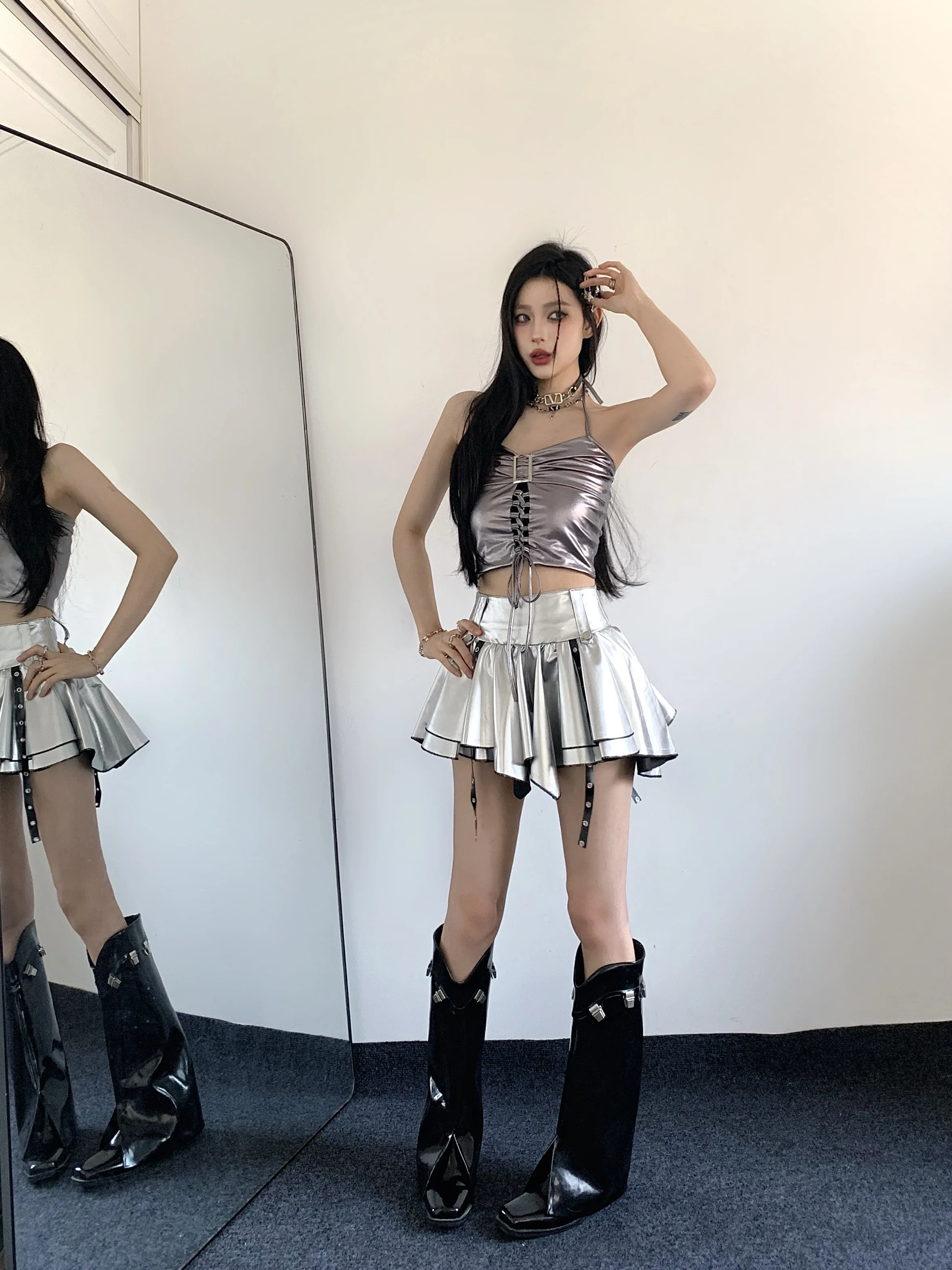 Sweet Spicy Jazz Dancing Short Top Kpop Female Group Dance Performance Outfit Jumping Cheerleading Skirt Set Cotton Summer