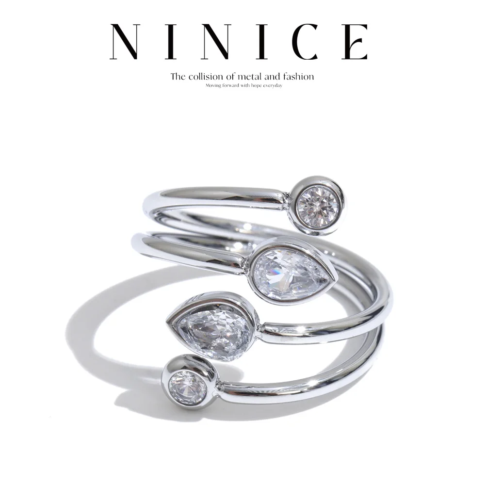 NiNice Edelstahl-Zirkonia-Tropfenring, geschichtet, verstellbar, für Damen, glänzender Schmuck, Neuheiten