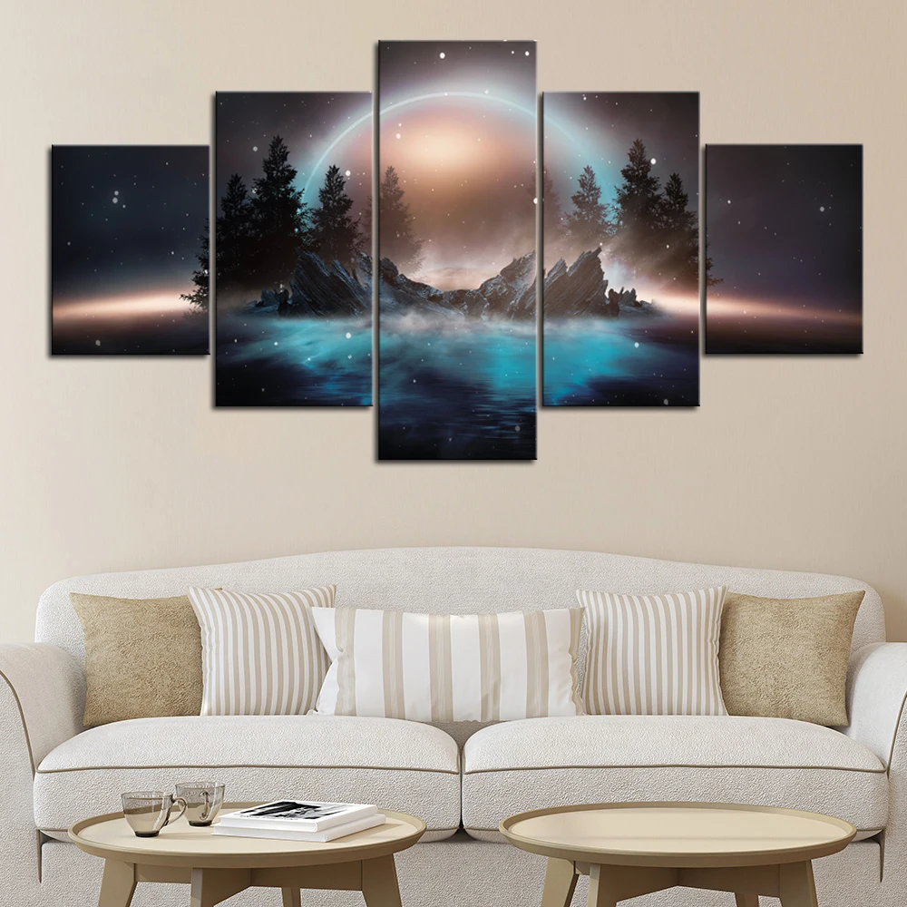 Futuristic Night Landscape Abstract Island Forest Tree 5 Pieces Canvas Prints Poster Wall Art Home Decor Drop Shipping