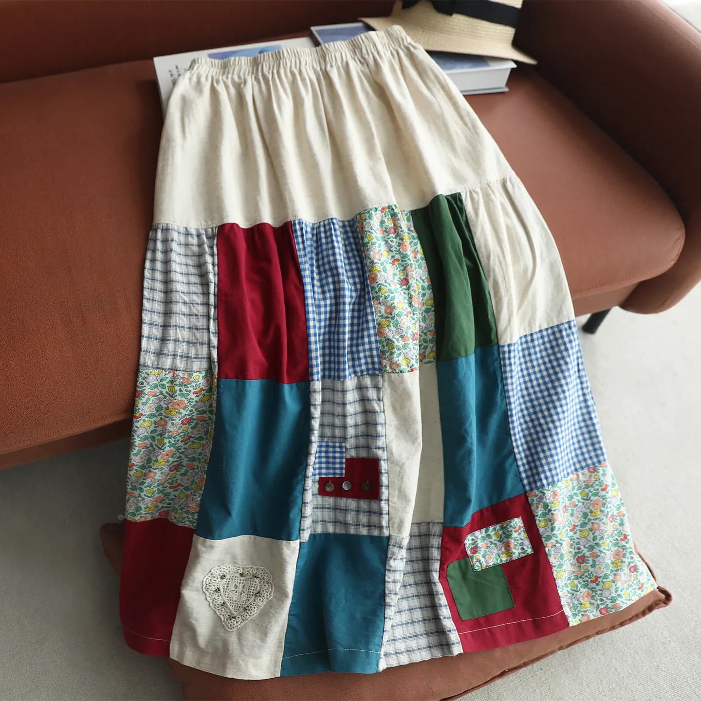Japanese Vintage Mori Girl Floral Printed Patchwork Cotton Skirts Women Summer Elastic Waist Casual Loose A-Line Midi Skirts