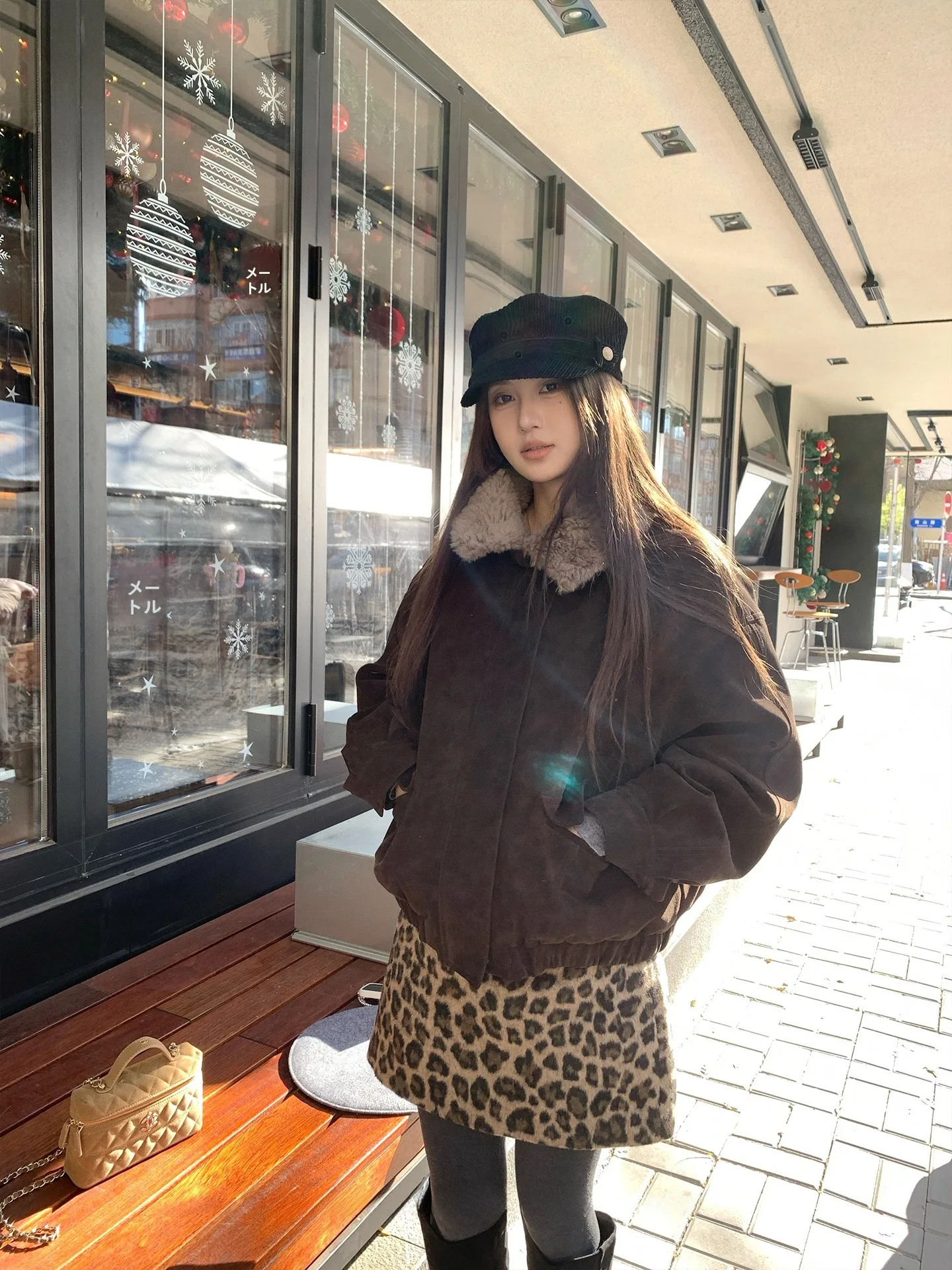 

High Waist Leopard Print A-Line Skirt Women's Winter Vintage Style Woolen Skirts Casual Daily Date Pocket Design