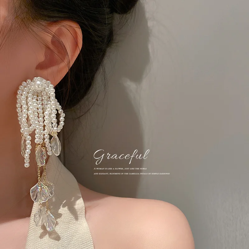 2024 Fashion Jewelry Europe and The United States Long Pearl Shell Bow Fringe Earrings Elegant Atmosphere Earrings