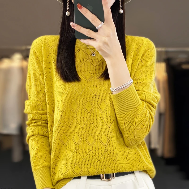 Nuove donne maglione misto lana primavera o-collo geometrico Hollow Pullover moda morbido maglione sciolto Casual maglia Base top