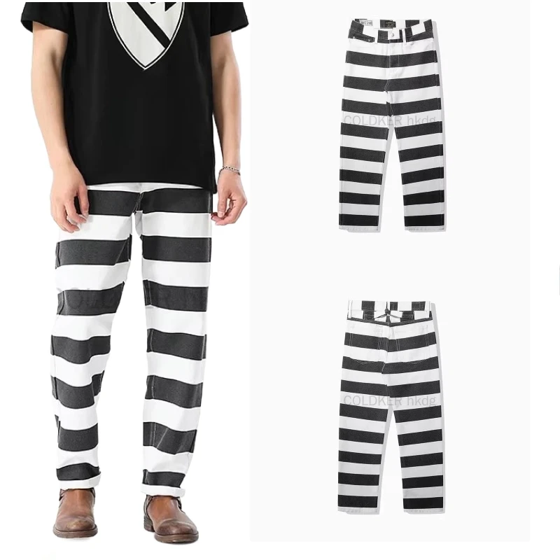 

Men's Black White Striped Pants 16oz Heavyweight Cotton Fashion Casual Prison Style Canvas Biker Trousers Loose Fit Work Pants
