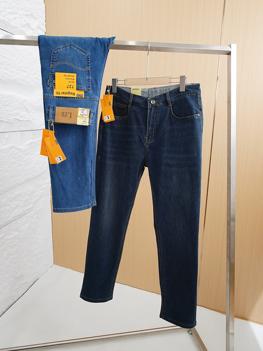 

Comfortable Men's Fashionable Straight Leg Casual Jeans Elastic Washed Spring Season Cotton Stretch Denim mid Waist Zipper Fly