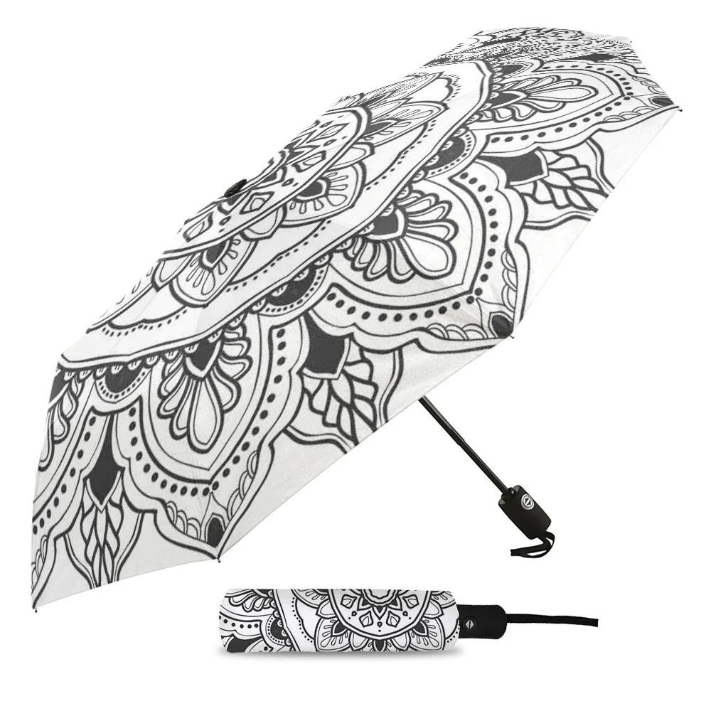 Mandala White Automatic Umbrella Men Women Rain Windproof Outdoor Travel Sun Three Folding Umbrellas 8 Ribs Gift Parasol