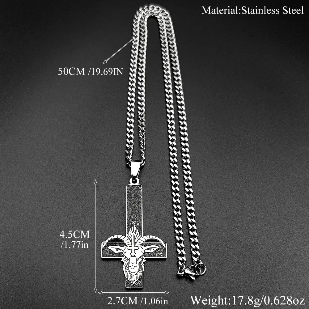 Edelstahl Baphomet Ziegenkopf Umgedrehtes Kreuz Hexerei Heidnische Halskette Emaille Invertiertes Kreuz Goldfarben Kette Schmuck – Detail 3