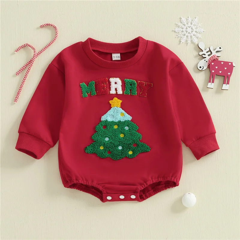 

2025 New Christmas Tree Embroidered English Letter Long Sleeve Round Neck Jumping Clothes for Infants and Young Children