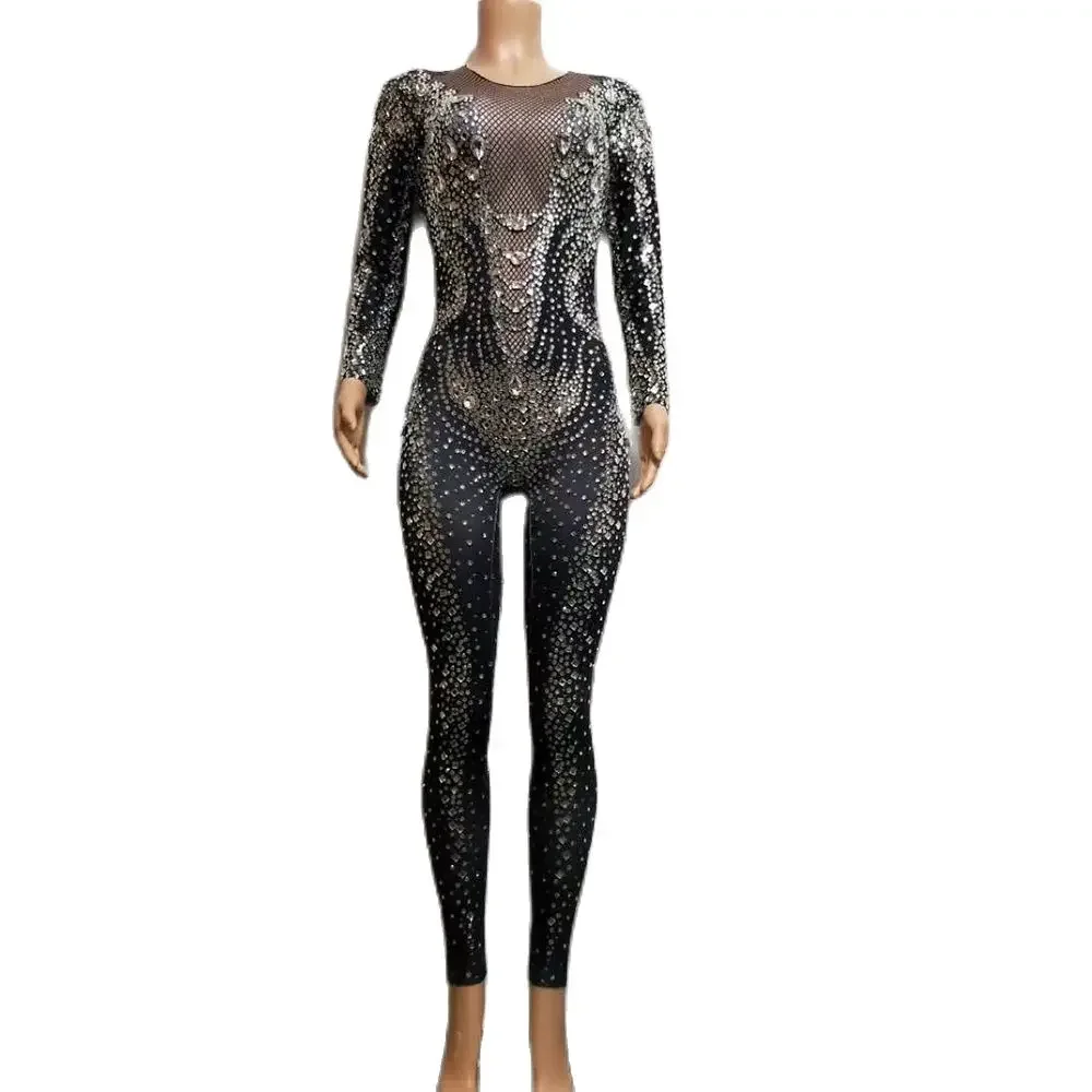 

Black Shining Rhinestones Long Sleeves Sexy Jumpsuits For Women Nightclub DJ Body Suits Stage Singer Perform Drag Queen Costumes