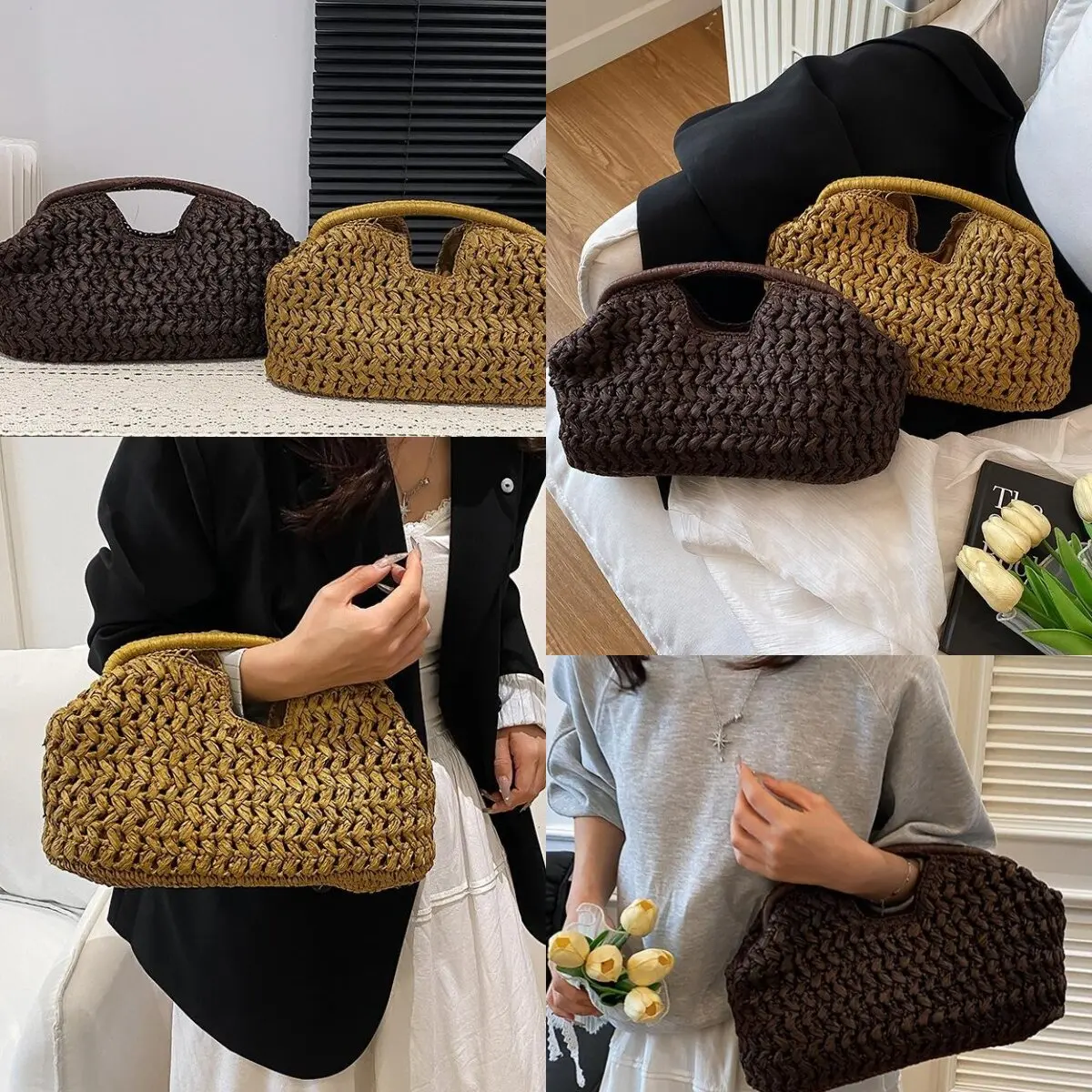 Bolso elegante tejido con cadena para mujer, bolso de hombro de paja, bandolera de rafia a la moda, bolso de playa, novedad de verano, bolso versátil para mujer
