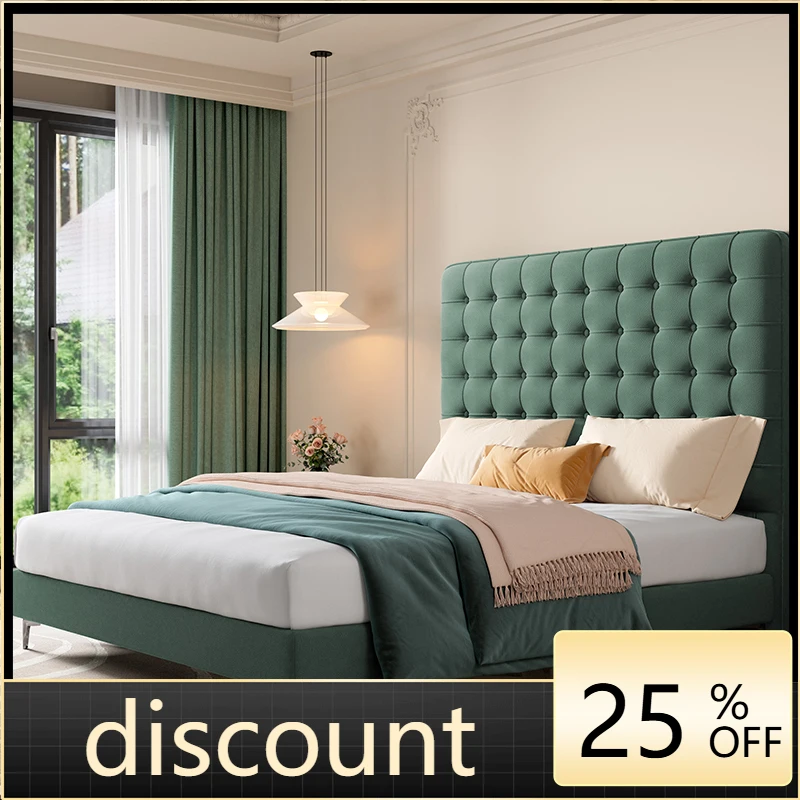 

LMM French light luxury fabric double bed pull button master bedroom modern simple cream