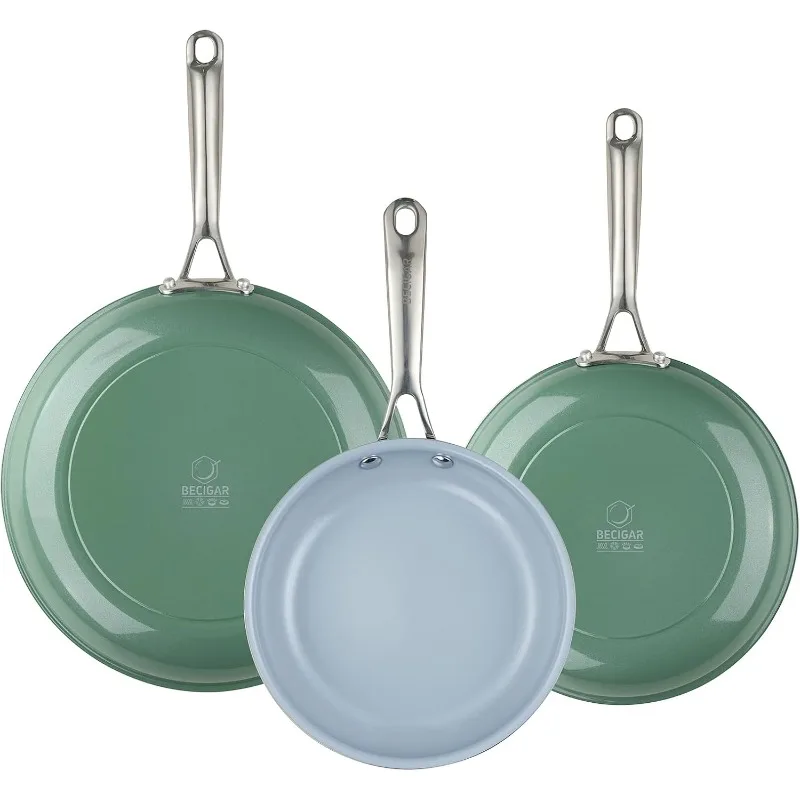 

Ceramic Frying Pan Set with Stainless Steel Handle - Perfect Cookware Set for Steak & Non Stick Cooking - Ceramic Pans Set