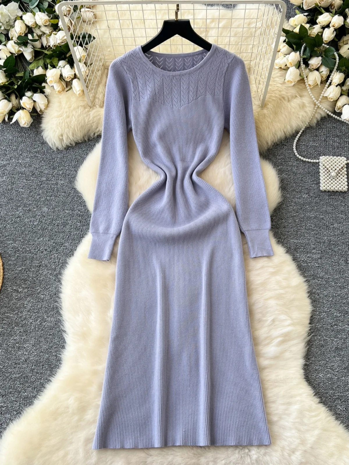 Vestido de Malha F até o Joelho, Modelagem Slim, Cintura Alta, Estilo Vintage, Camada Base de Suéter, Novo Estilo para...