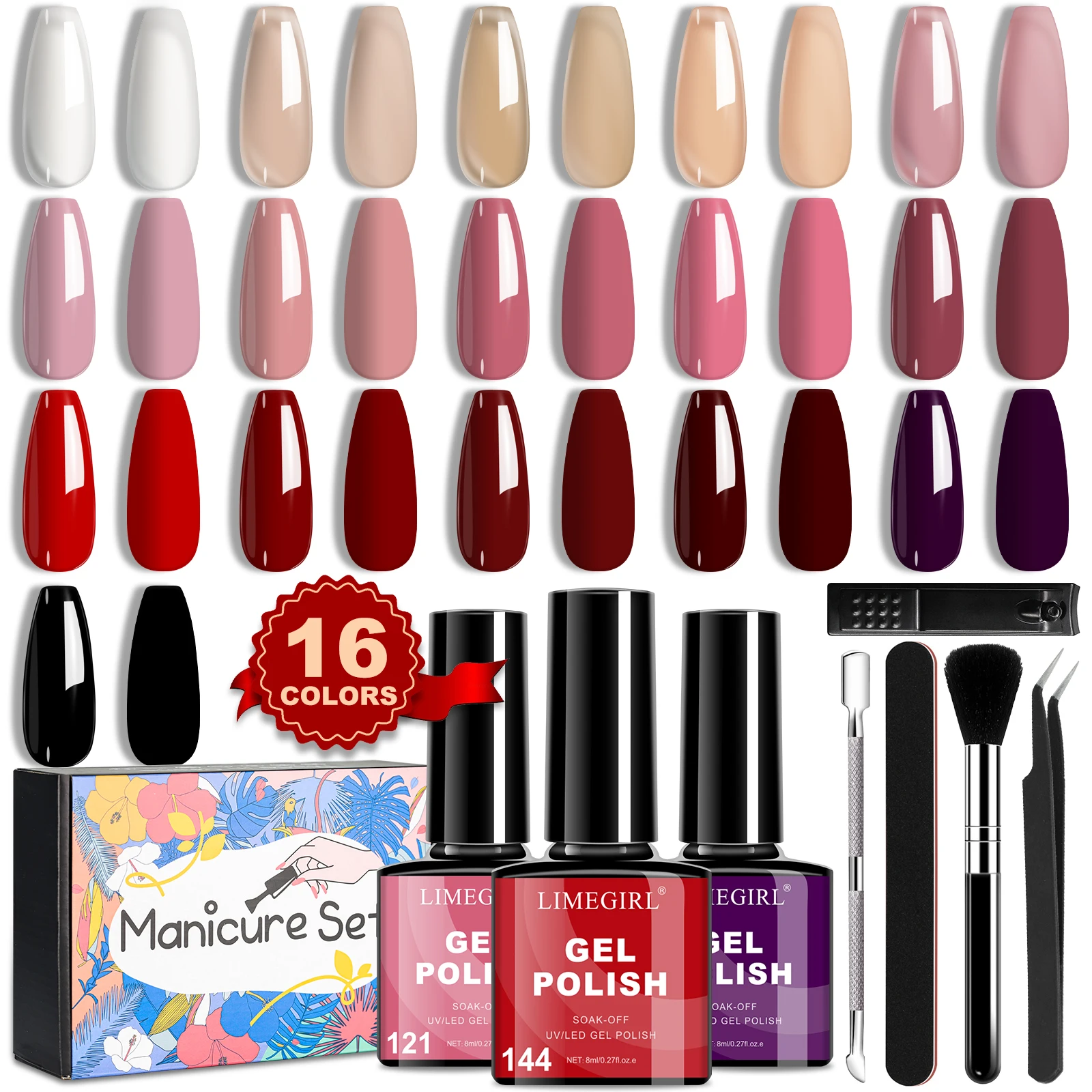 

LIMEGIRL 16 Colors Gel Nail Polish Set with Gift Box Semi Permanent Soak Off UV LED Gel Varnish Nail Art Design Manicure Kit