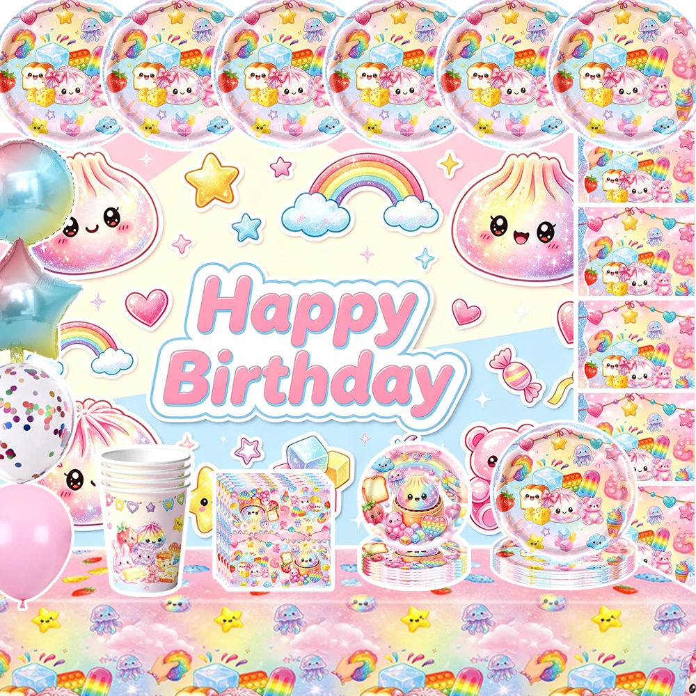 Cute Macaron Steamed Buns Birthday Party Decoration Dumpling Baozi Background Paper Plates Cups Napkins Backdrop Banner Supplies