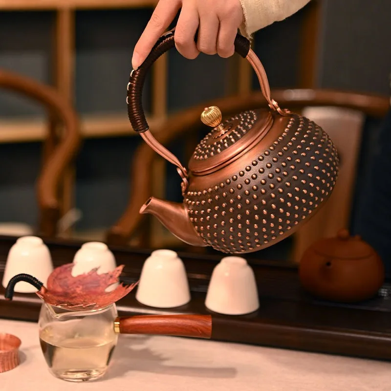 Rivet‑Textured Pure Copper Teapot Handmade Wrapped‑Handle Water Kettle For Home Tea Ceremony Compatible With Electric Stove