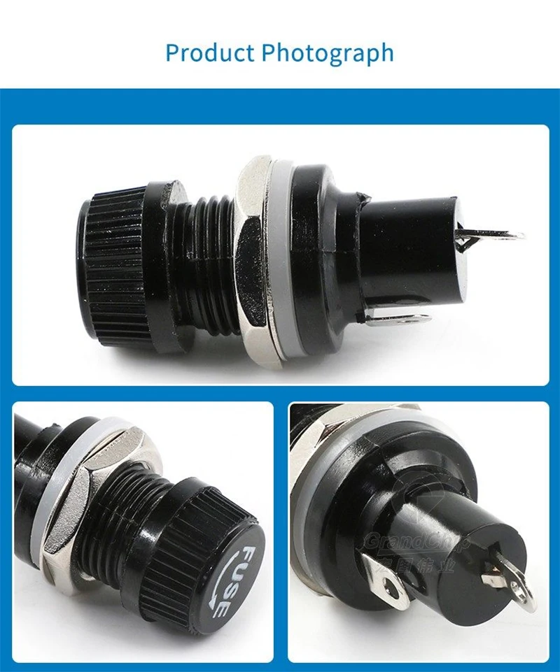 Fuse Holder 5x20mm Glass Tube 250V for 2A/10A/15A Fuse, 12mm Mounting Hole, Electronic Repair Part