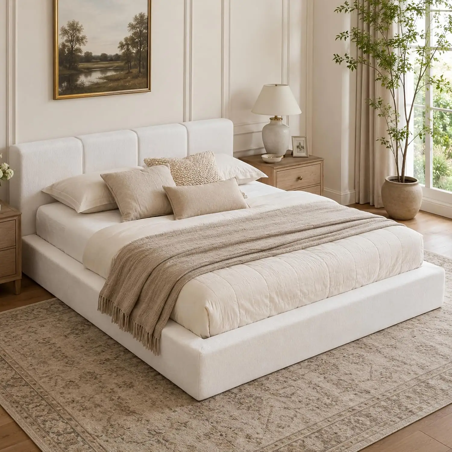 Chenille Queen Platform Bed, Channel Headboard, Foam-Padded Surround, No Box Spring, Easy Assembly, Cream, Customized