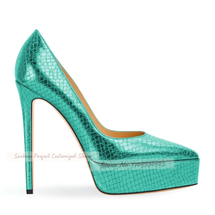

Turquoise Pink Snakeskin Platform High Heel Shoes Pointed Toe Stiletto Heels Slip-On Dress Pumps Elegant Banquet Footwear