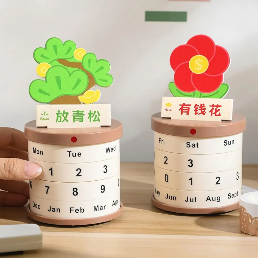 Reusable Plant Pot Perpetual Calendar Date Rotatable Non-slip Bottom Art Rotating Desk Calendar Multi-purpose Quiet