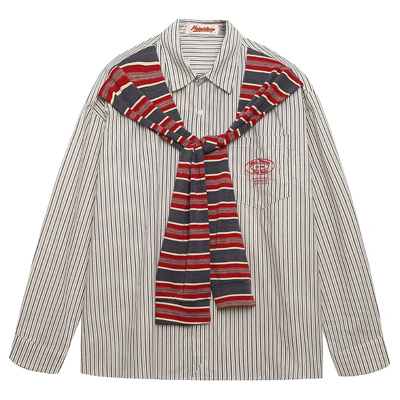 

Mens Casual Striped Shirt with Knit Shoulder Tie Layered Look Long Sleeve Overshirt Preppy Retro Campus Style Tunic Top Clothing