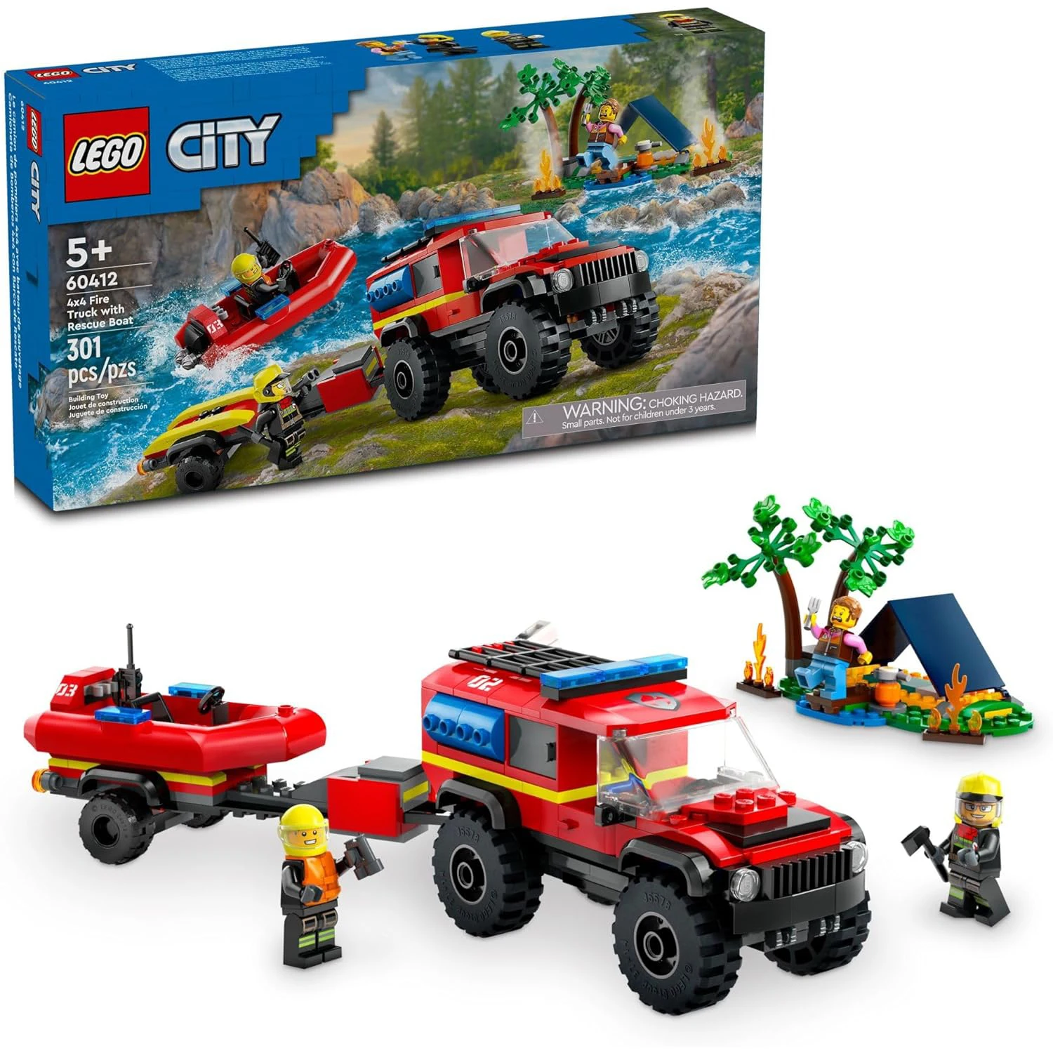 LEGO City-60412 Zestaw zabawek do budowania wózka strażacka i łodzi ratunkowej 4x4, dekoracja pokoju