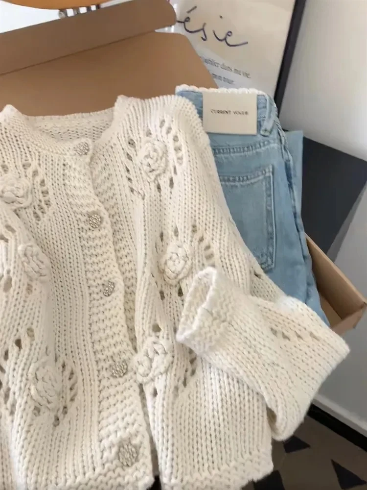 Herbst Casual Haken Blume Aushöhlen Pullover Strickjacke Frauen Rundhals Lange Ärmeln einreiher Süße Gestrickte Mantel