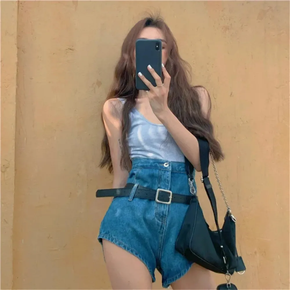 

Sexy Design Denim Shorts With Belt Women High Waist Loose Casual Hot Girls Jeans Vintage Y2k Button Slim Streetwear Blue Jeans