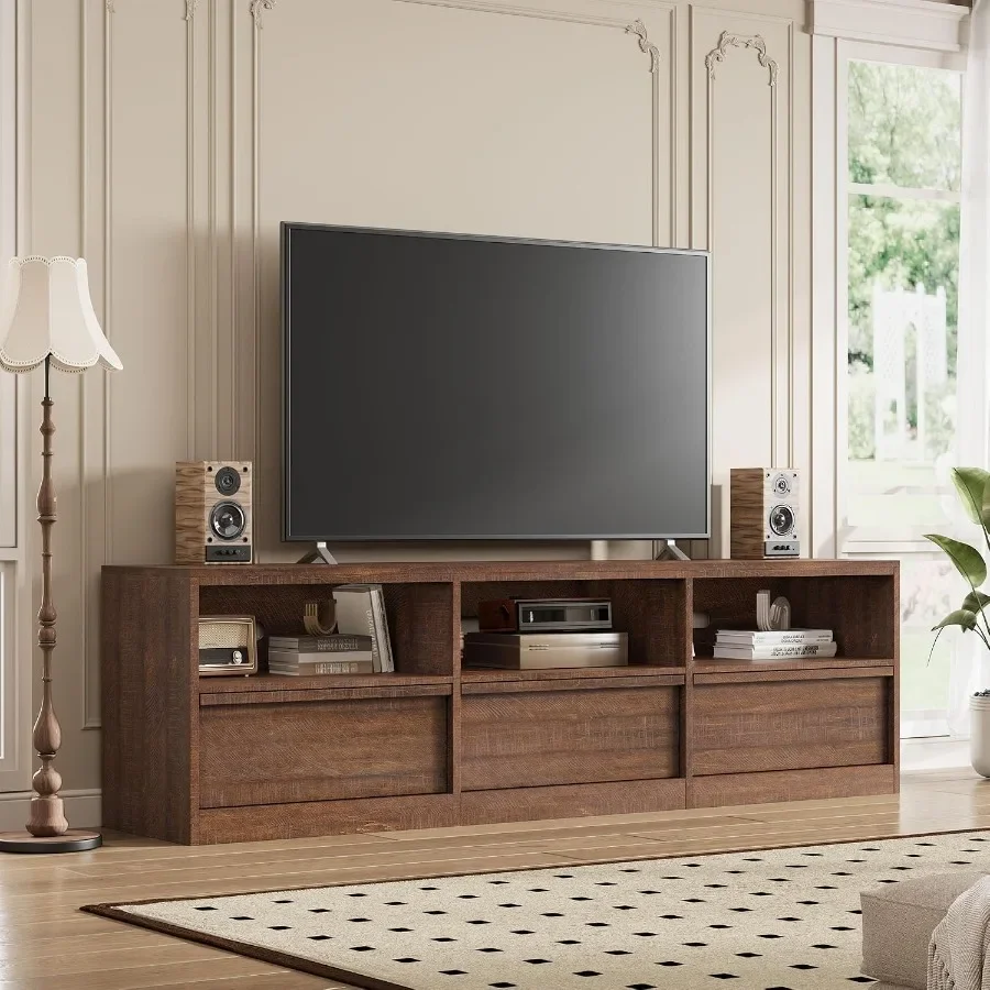 70 Mid-Century Modern TV Stand for 65-75 TVs, Heavy-Duty Media Console with 3 Drawers Open Shelves Chestnut Brown