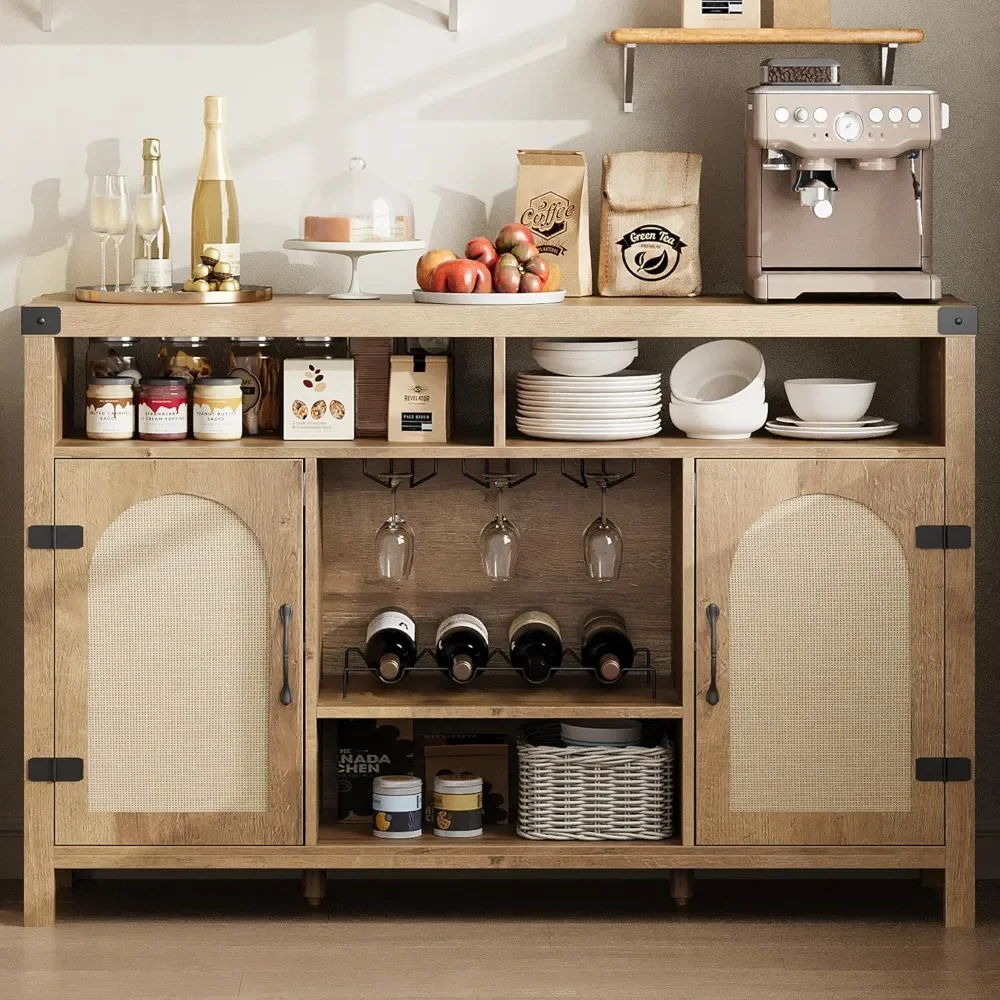 

52" Rattan Sideboard Buffet Cabinet with Storage and Wine Racks, Farmhouse Kitchen Buffet Cabinet with Drawer, Boho Coffee Bar w