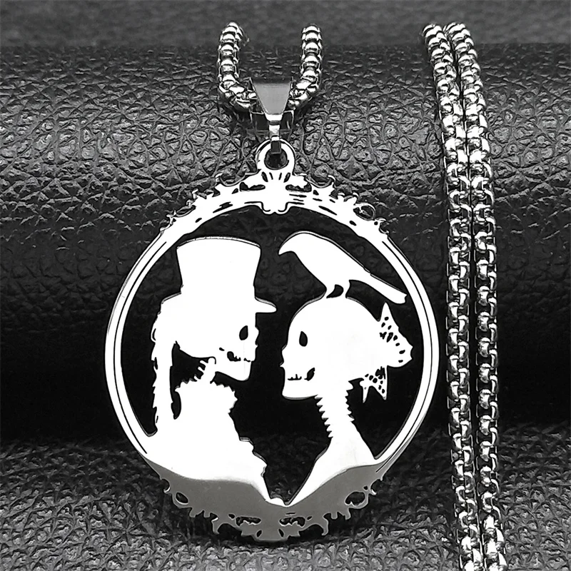 Gothic Braut und Bräutigam Edelstahl Totenkopf Krähe Anhänger Halskette für Frauen Männer Schwarz Fotorahmen Paar Schmuck Party Geschenk – Detail 6