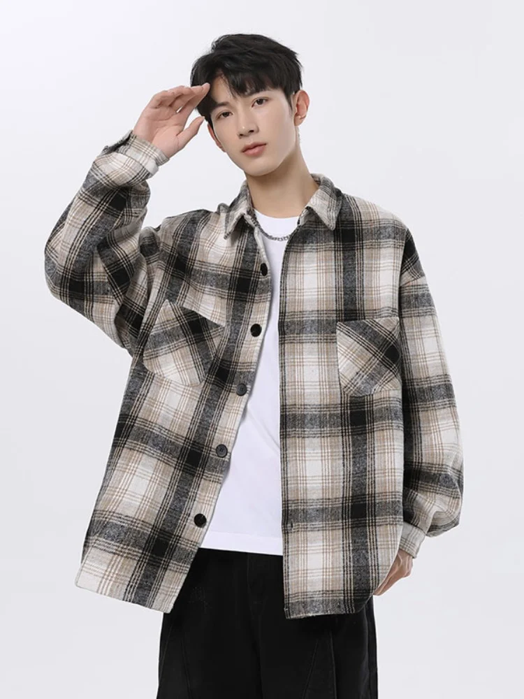 

Мужская клетчатая рубашка с длинным рукавом в японском ретро-стиле для пар, весна-осень, с отложным воротником, куртка-пальто