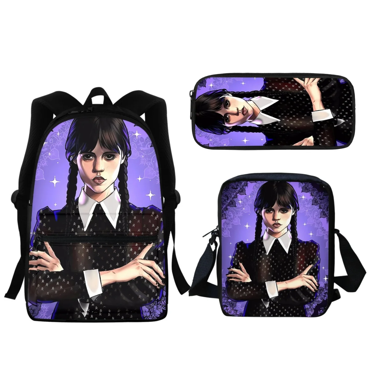 3Pc/Set Gothic Wednesday Anime School Bag 3PC Large Capacity Zipper Teen Students Casual Bookbag Crossbody Bags Pencil Case New