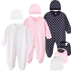 Vestiti per neonati Manica lunga Estate Autunno Primavera Outfit Set 0-3 mesi Vestiti Pagliaccetti Tute Vestiti di cotone Cappello Bavaglini