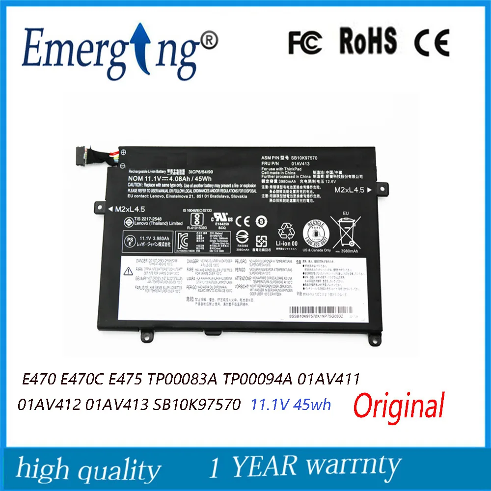 

11.1V 45WH New Original 01AV413 Battery for Lenovo E470 E470C E475 TP00083A TP00094A 01AV411 01AV412 SB10K97570 SB10K97569