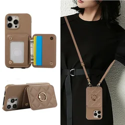 Luxury Shoulder Strap Leather Wallet Card Slot Case For iPhone 13 14 15 16 17 Pro Max Plus Lanyard Phone Cover With Ring Stand